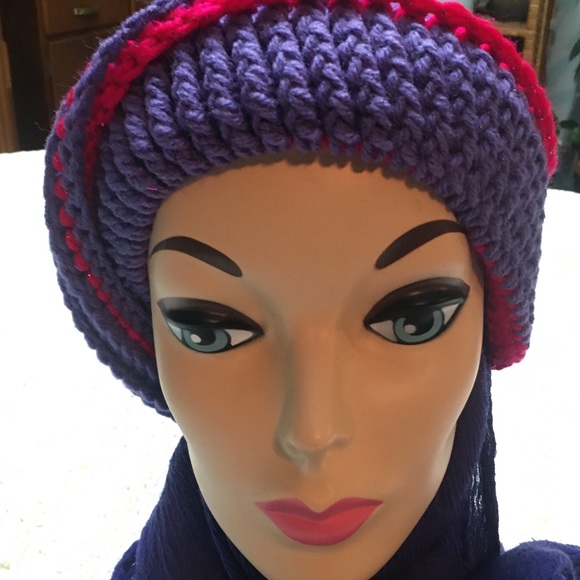 Handmade Victorian Cloche Look Crocheted Hat Purple and Fuchsia - Picture 5 of 11